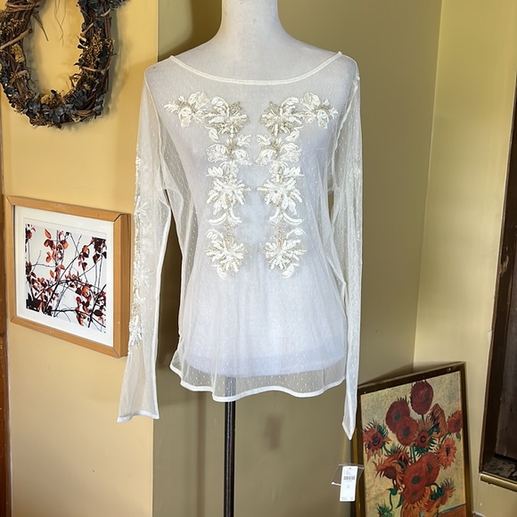 ANTHROPOLOGIE Maeve Size XL Sheer Embellished Top Whitr/Ecru Ethereal $98 NEW - Picture 2 of 16